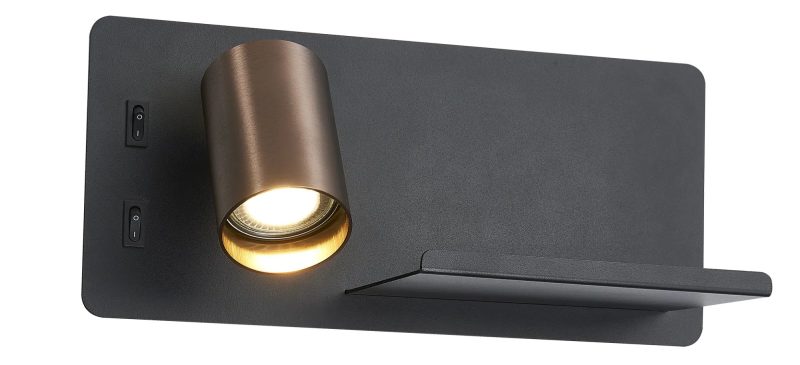 Fantasia Dusk wall light left, USB, black/bronze, GU10+LED 7W